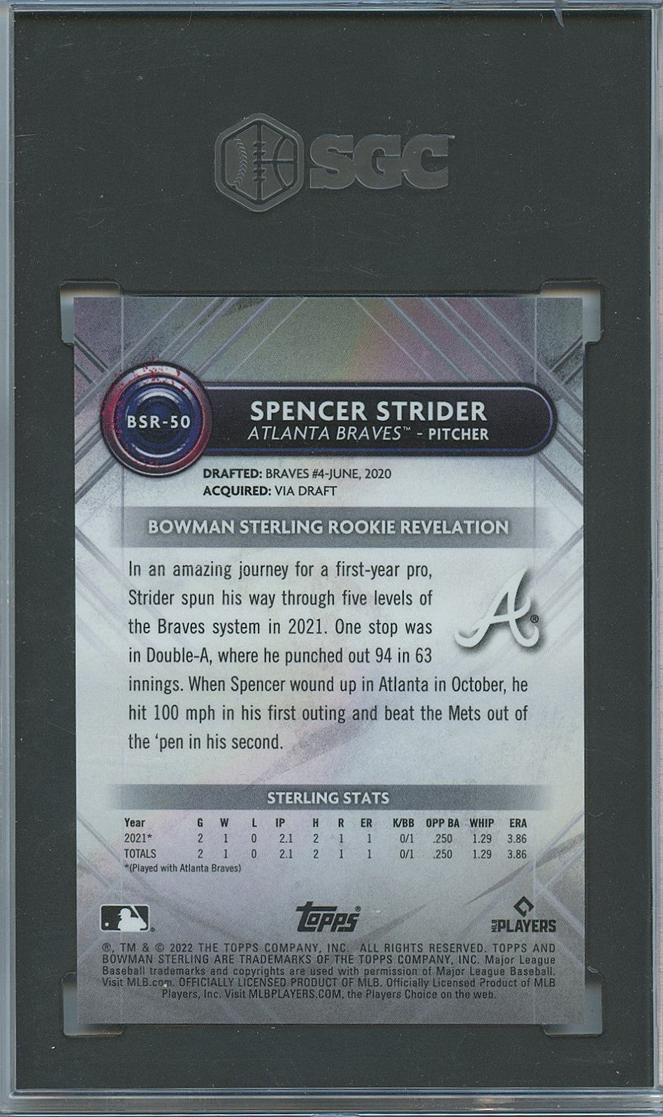 Spencer Strider 2022 Bowman Sterling Speckle Refractor Rookie /99 Braves SGC 10