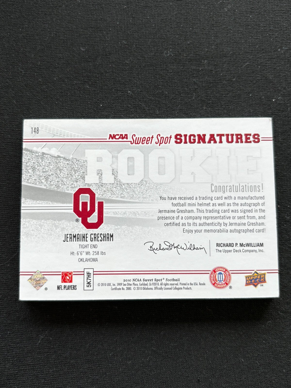 Jermaine Gresham Upper Deck Sweet Spot Auto Autograph Helmet OU Sooners 200/200
