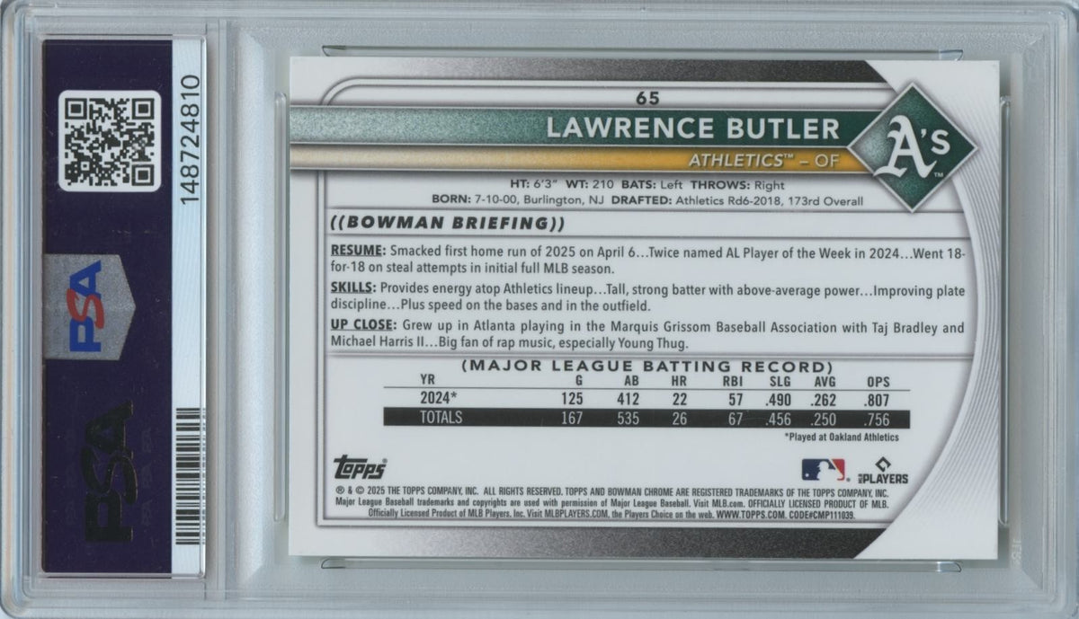 Lawrence Butler 2025 Bowman Chrome Yellow Refractor Athletics 61/75 PSA 9