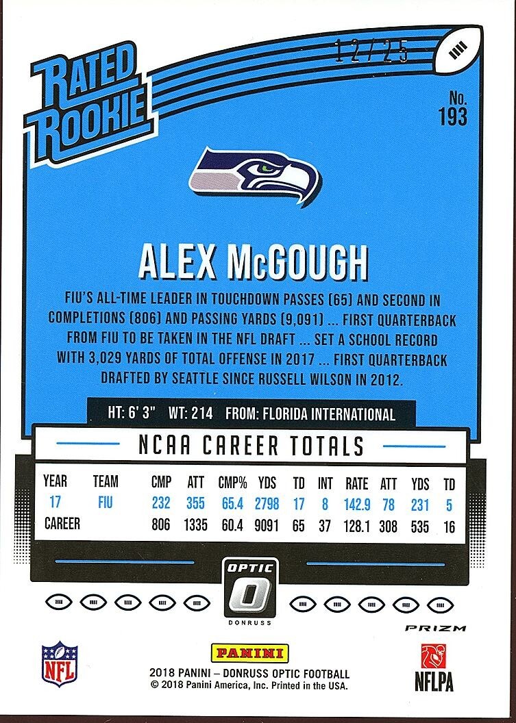 Alex Mcgough 2018 Optic Rated Rookie Black Velocity Prizm Seattle Seahawks 12/25
