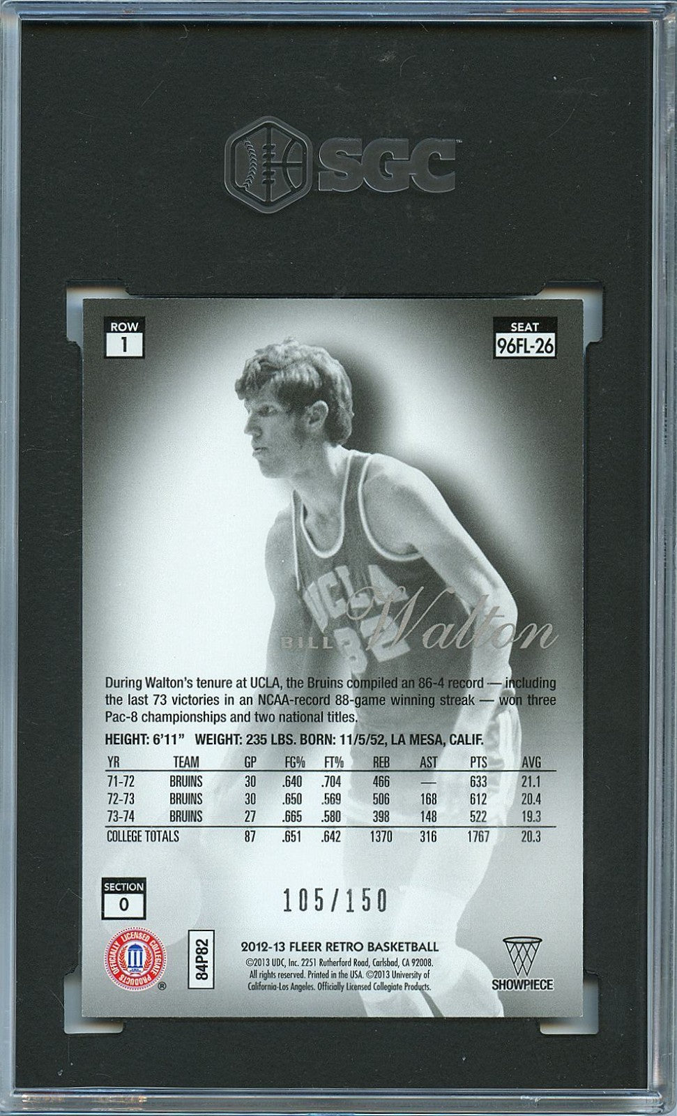 Bill Walton 2012-13 Fleer Retro Row 1 Flair Legacy UCLA 105/150 SGC 9