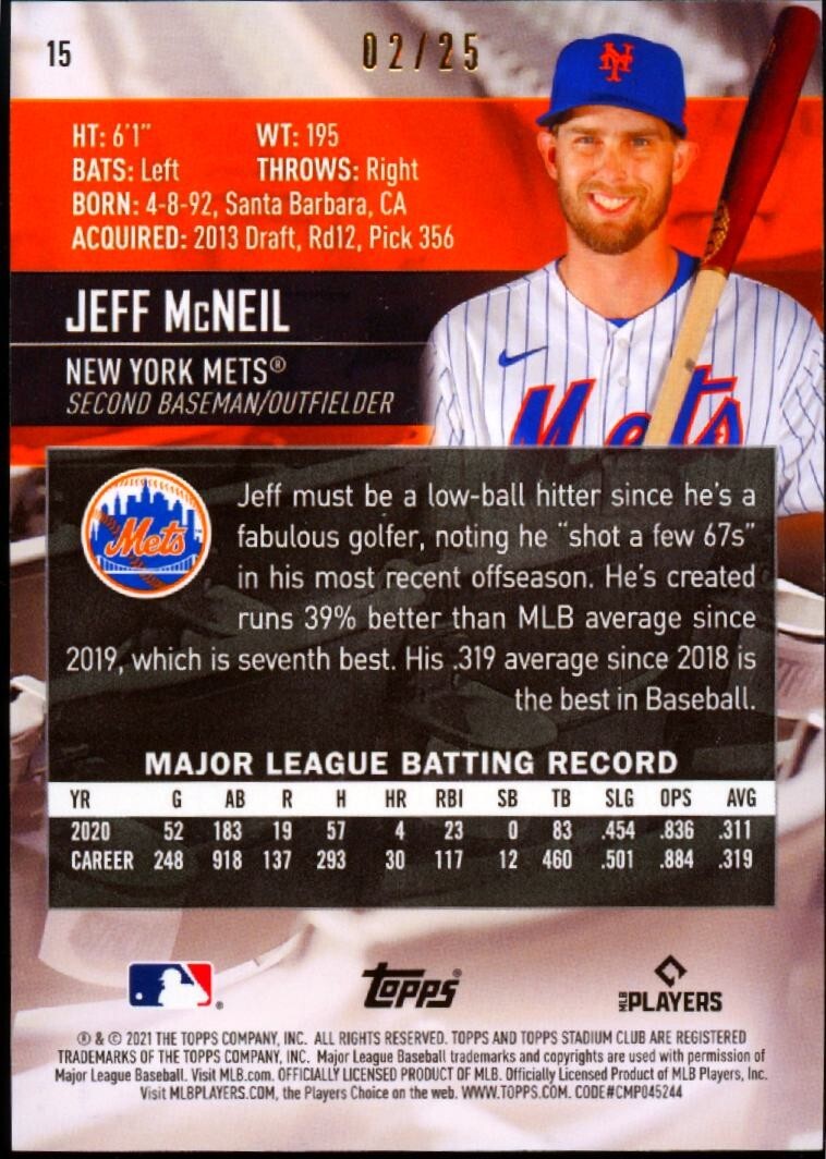 Jeff Mcneil 2021 Stadium Club Rainbow Foil New York Mets 2/25 #15