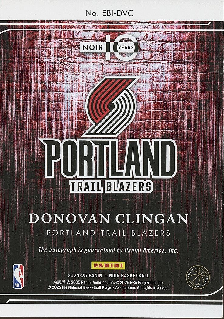 Donovan Clingan 2024-25 NOIR Auto Autograph RC Trail Blazers 9/75