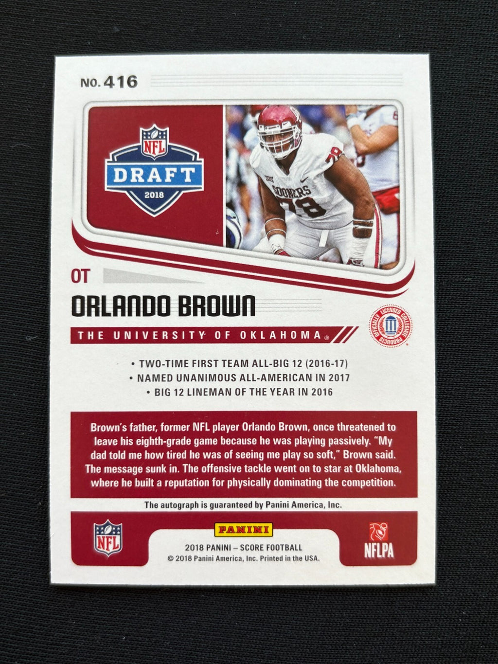 Orlando Brown 2018 Score Red Zone Auto Autograph Rookie Oklahoma Sooners 19/20