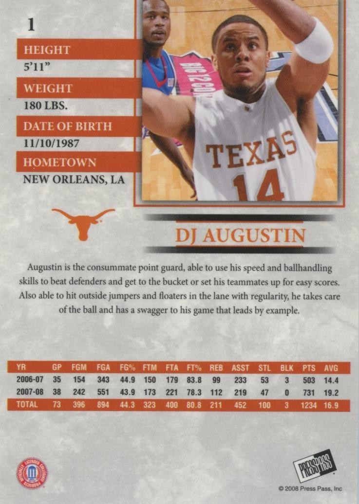 DJ Augustin 2008 Press Pass Reflectors RC Rookie Texas Longhorns 100/100
