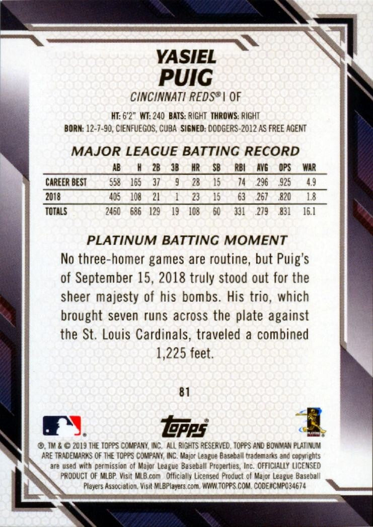 Yasiel Puig 2019 Bowman Platinum Orange SSP Cincinnati Reds 13/25