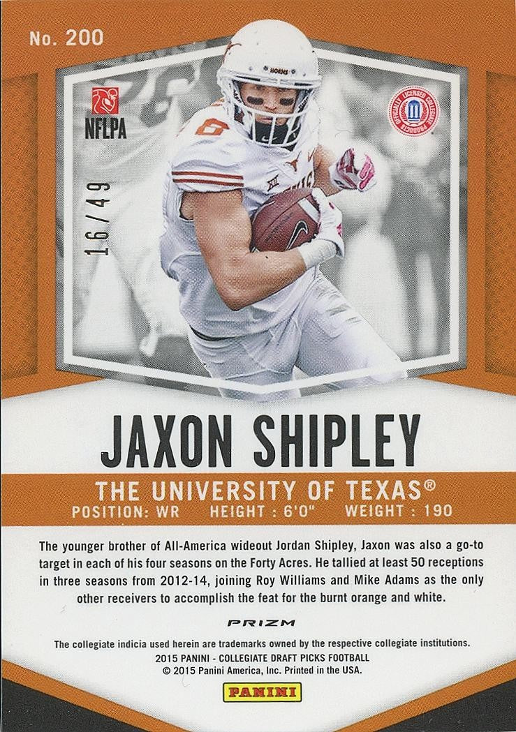 Jaxon Shipley 2015 Prizm Draft Tie-Dye Prizm Rookie RC Texas Longhorns 16/49