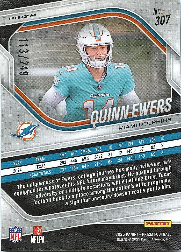 Quinn Ewers 2025 Prizm Orange Prizm Rookie RC Miami Dolphins 113/249 #307