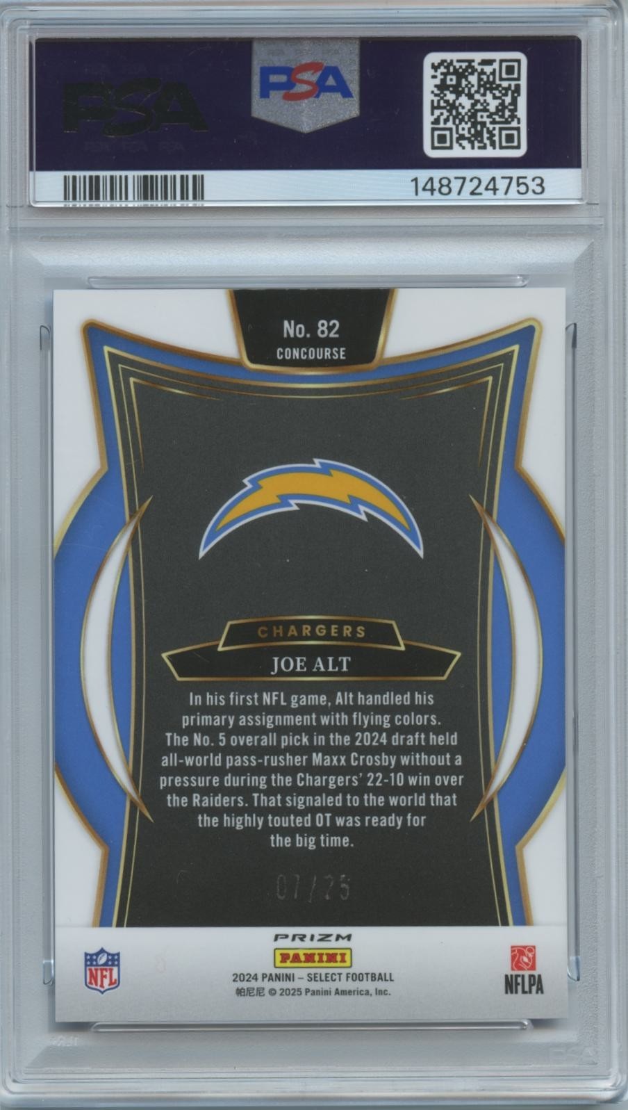 Joe Alt 2024 Select Blue Disco Prizm Rookie RC Los Angeles Chargers 7/25 PSA 10