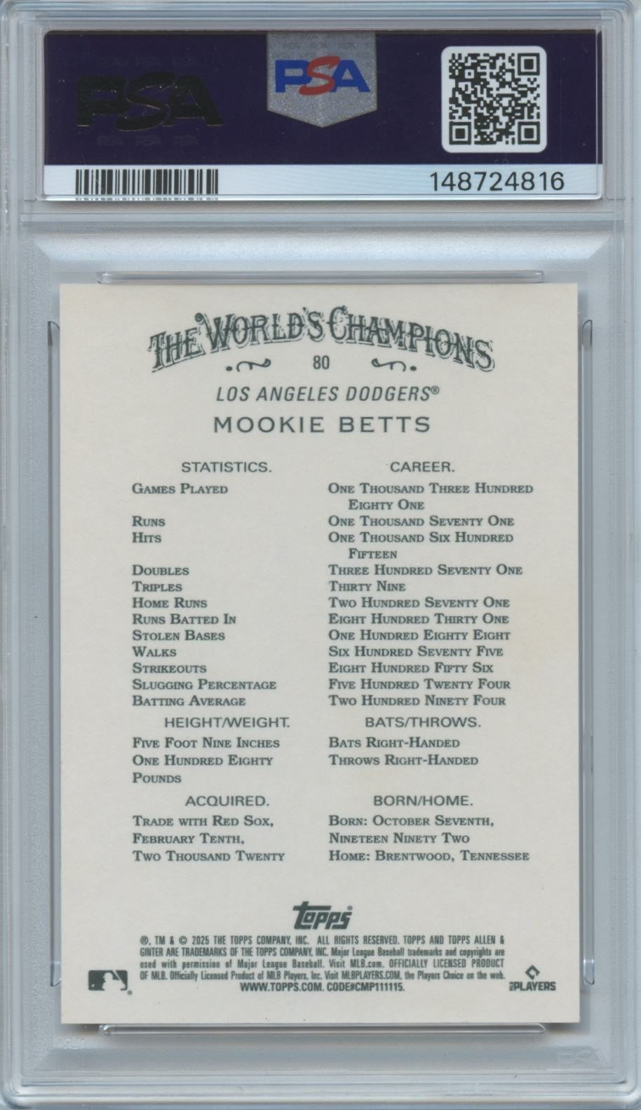Mookie Betts 2025 Allen & Ginter Orange Foil Filigree LA Dodgers 7/25 PSA 10