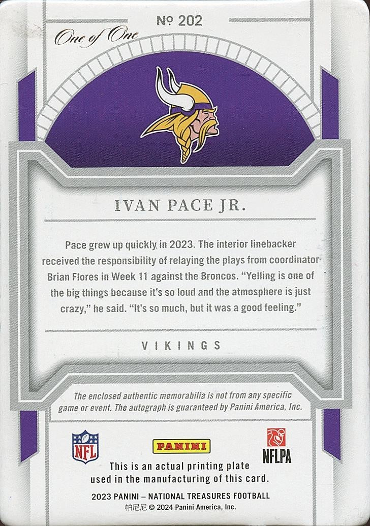 Ivan Pace Jr. 2023 National Treasures Auto Autograph Nike Swoosh RC Vikings 1/1