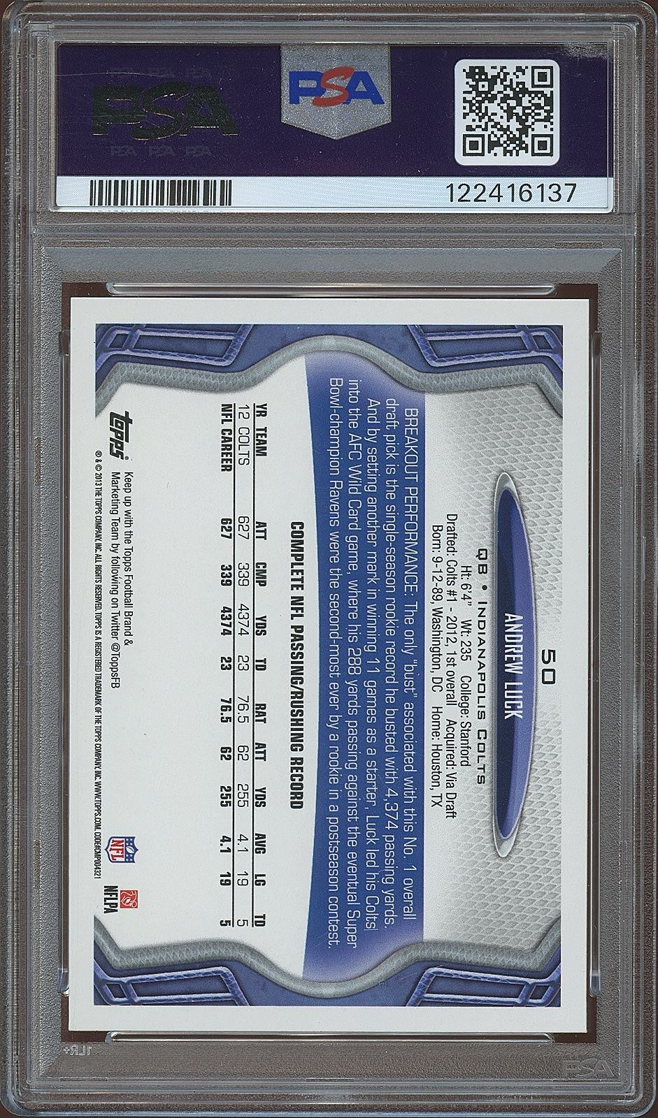 Andrew Luck 2013 Topps No Ball Photo Variation SSP Indianapolis Colts PSA 10