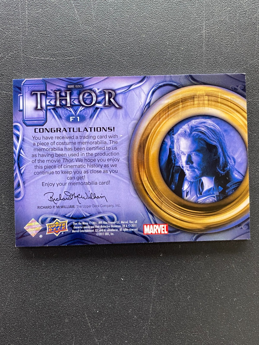 Chris Hemsworth Thor 2011 Upper Deck Marvel Authentic Patch Movie Memorabilia