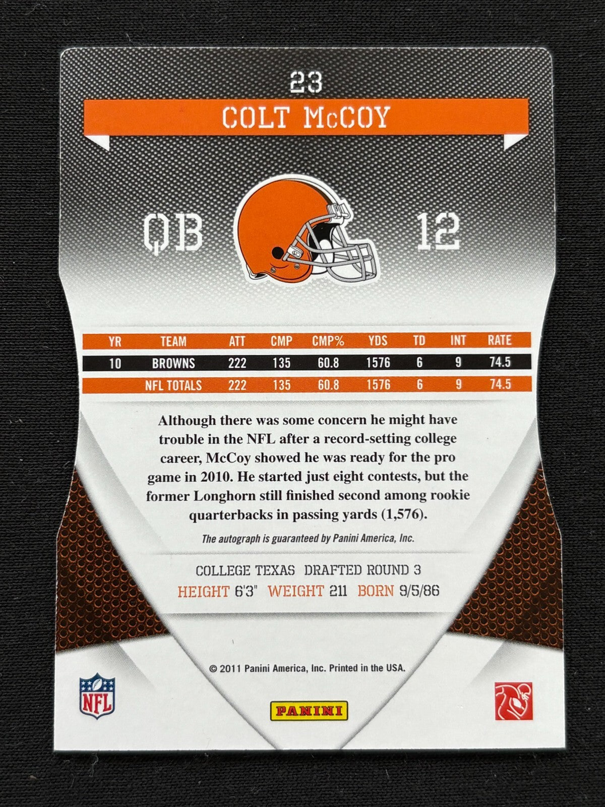 Colt Mccoy 2011 Elite Aspirations Auto Autograph Browns Texas Longhorns 11/25