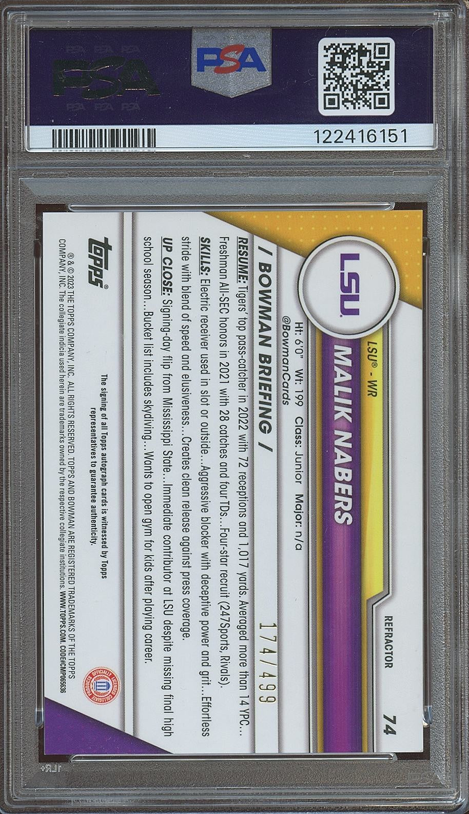 Malik Nabers 2023 Bowman Chrome 1st Auto Autograph RC LSU Giants 174/499 PSA 10