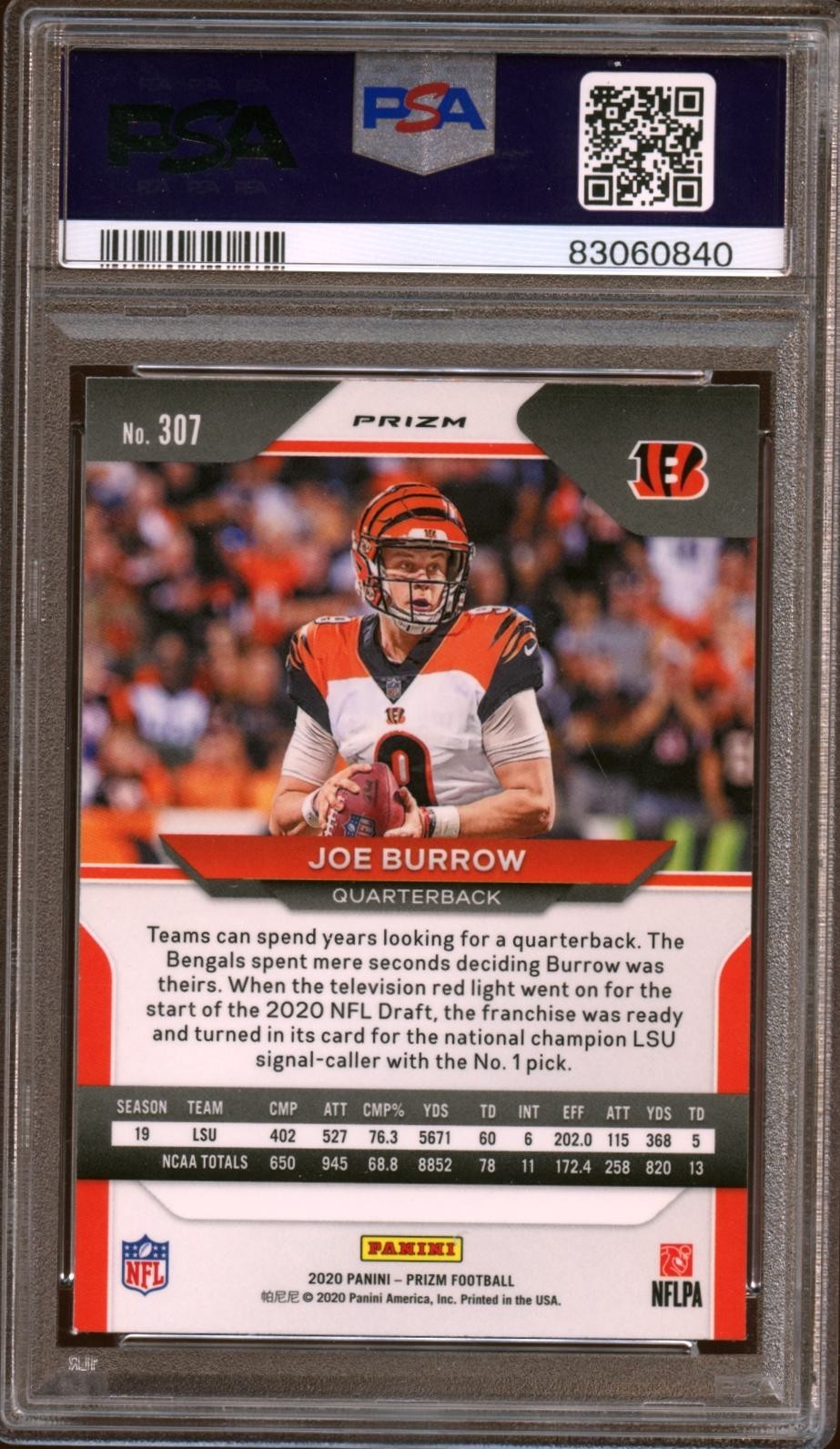 Joe Burrow 2020 Prizm Green Prizm Rookie RC Cincinnati Bengals #307 PSA 9