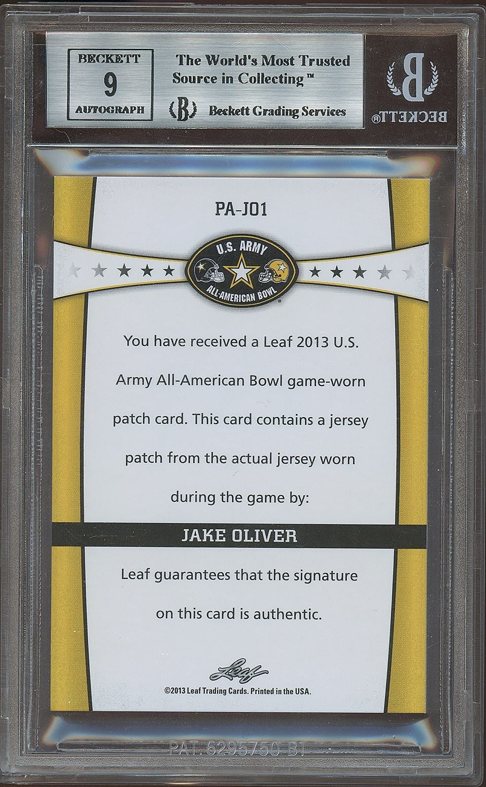 Jake Oliver 2013 Leaf US Army Auto Autograph Game Worn Patch Longhorns /25 BGS 9