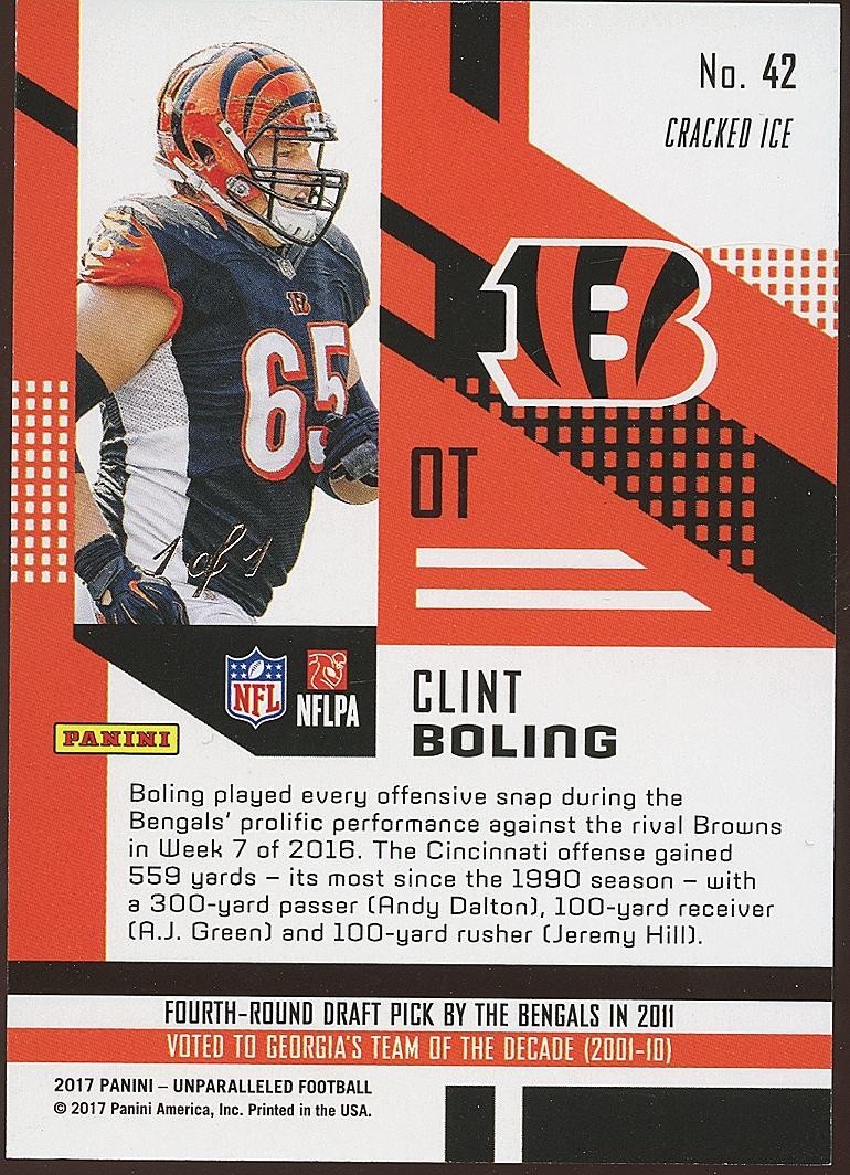Clint Boling 2017 Unparalleled GOLD Cracked Ice Rookie RC Bengals 1/1 #42