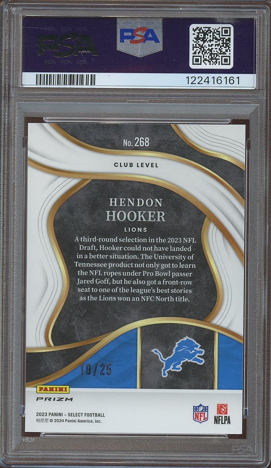 Hendon Hooker 2023 Select Blue Disco Prizm Rookie RC Detroit Lions 10/25 PSA 10