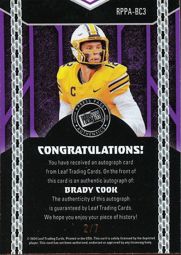 Brady Cook 2024 Press Pass Auto Autograph RC Green Missouri Tigers 2/7