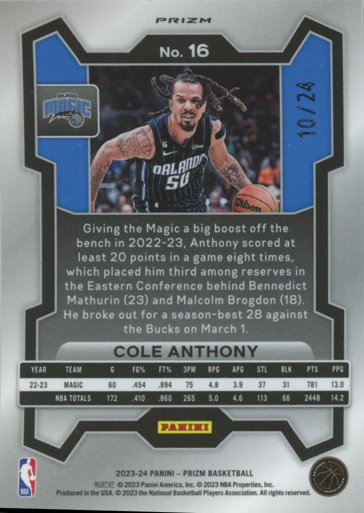 Cole Anthony 2023-24 Prizm GOLD Speckle Prizm SSP Orlando Magic 10/24