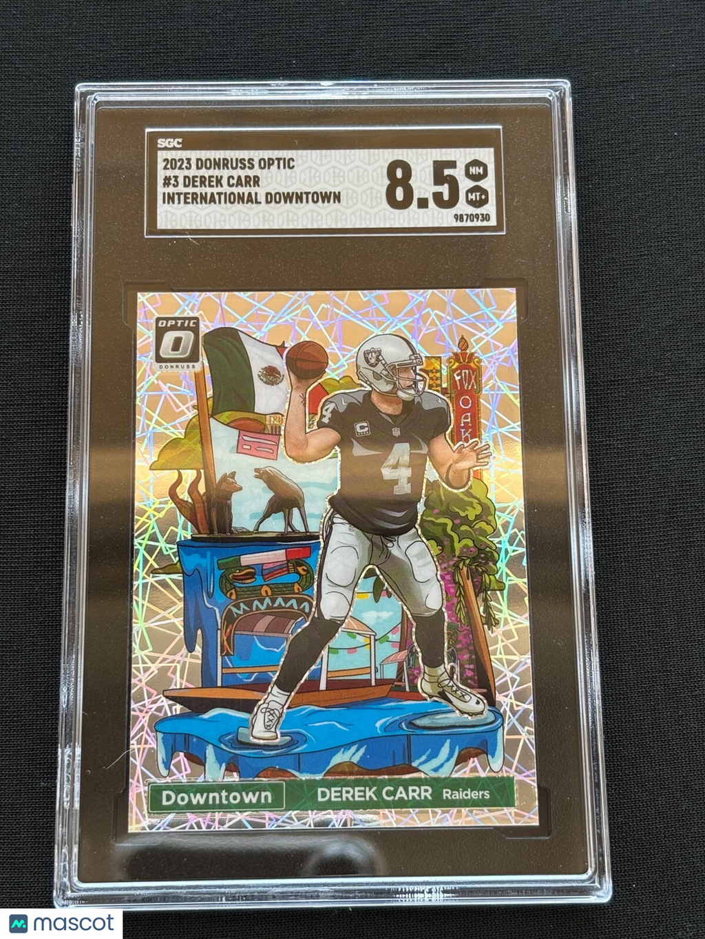 Derek Carr 2023 Optic International Downtown CASE HIT SSP Raiders SGC 8.5