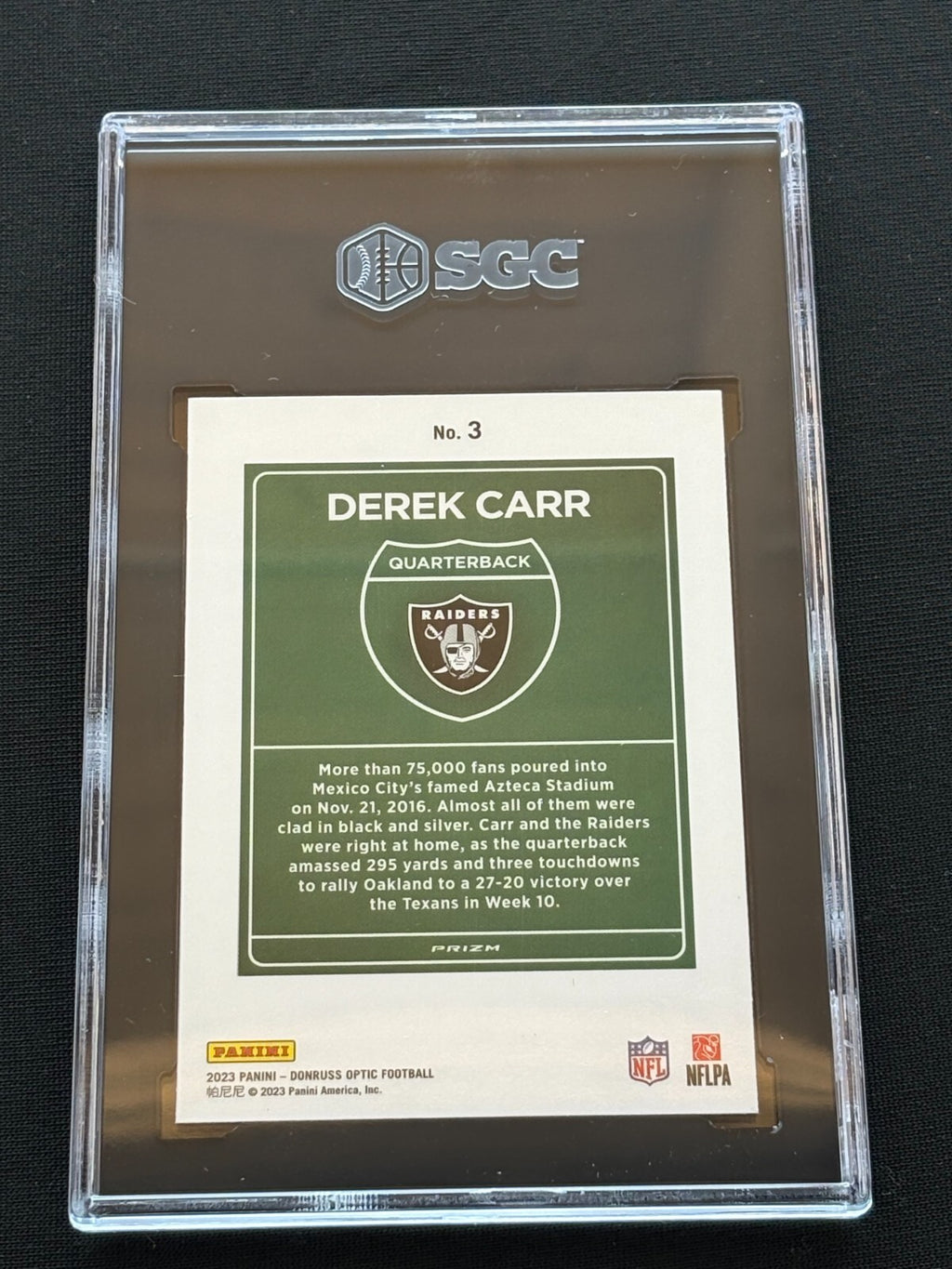 Derek Carr 2023 Optic International Downtown CASE HIT SSP Raiders SGC 8.5