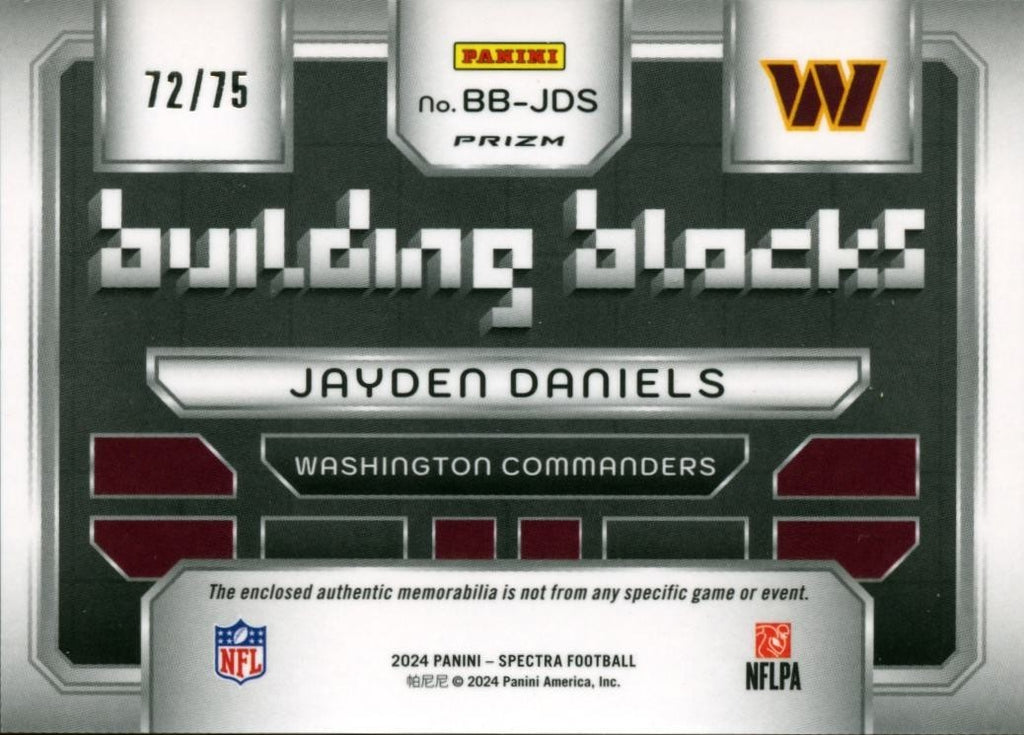 Jayden Daniels 2024 Spectra Blocks Triple Patch Rookie RC Commanders 72/75