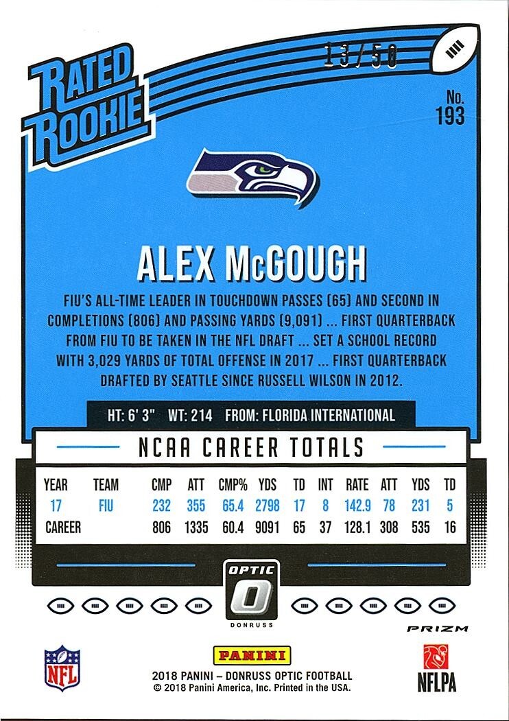 Alex Mcgough 2018 Optic Rated Rookie Purple Prizm Seattle Seahawks 13/50 #193