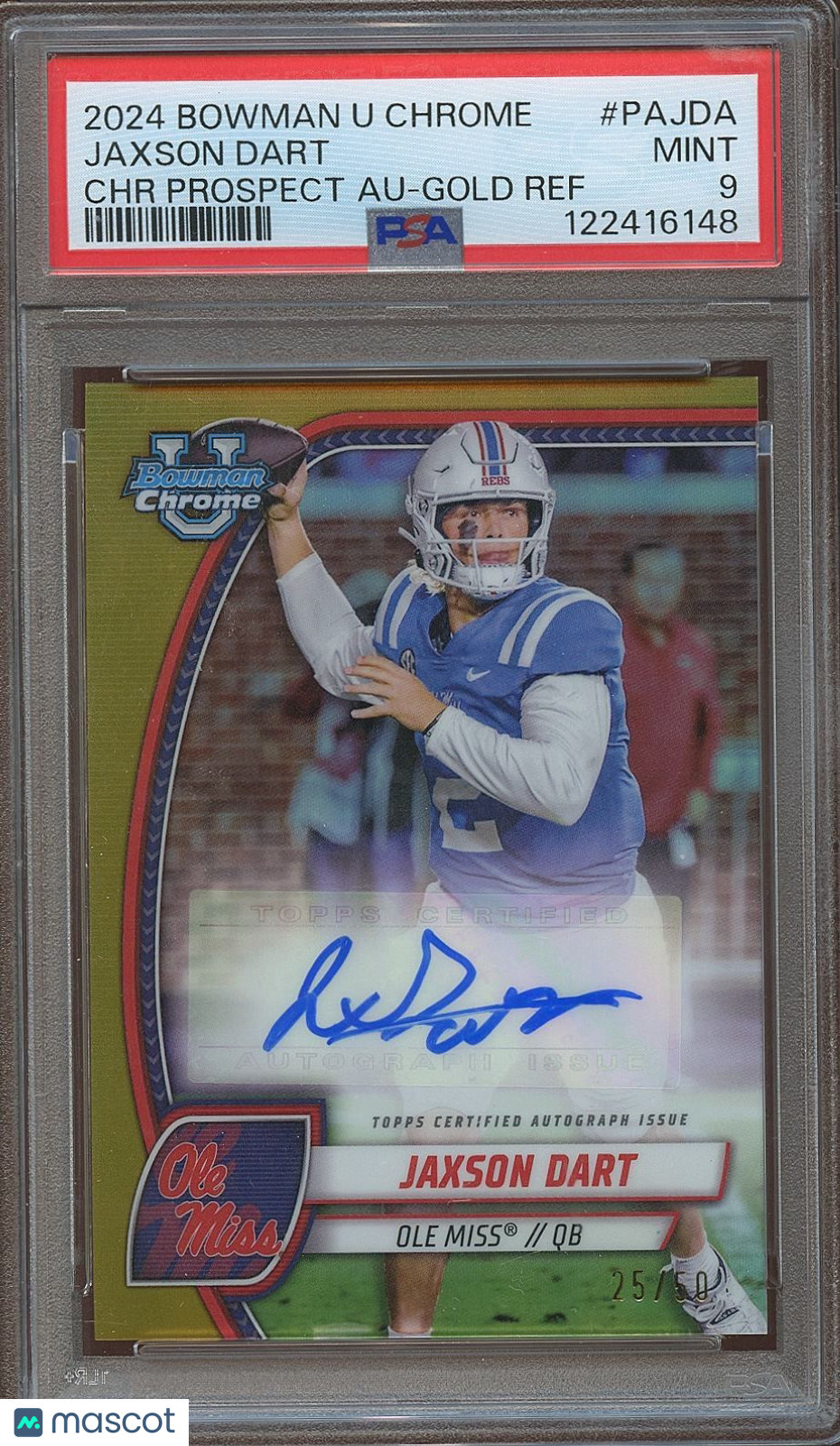 Jaxson Dart 2024 Bowman Chrome U GOLD Auto Autograph RC Ole Miss 25/50 PSA 9