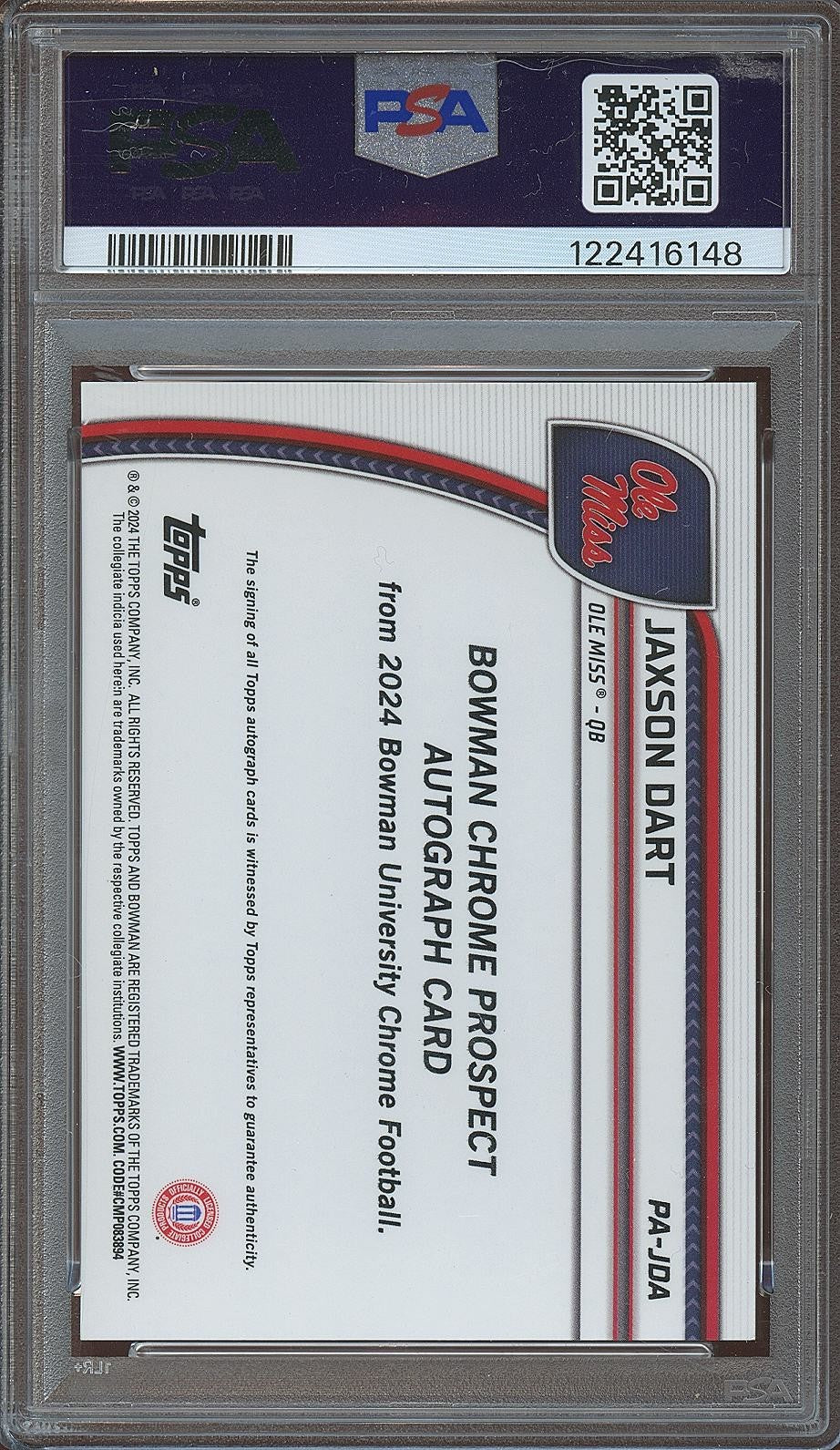 Jaxson Dart 2024 Bowman Chrome U GOLD Auto Autograph RC Ole Miss 25/50 PSA 9