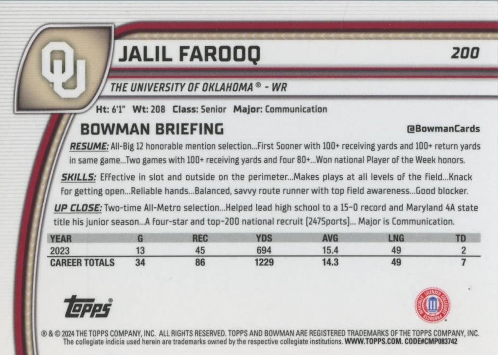 Jalil Farooq 2024 Bowman Chrome BLACK Refractor RC Oklahoma Sooners 5/10