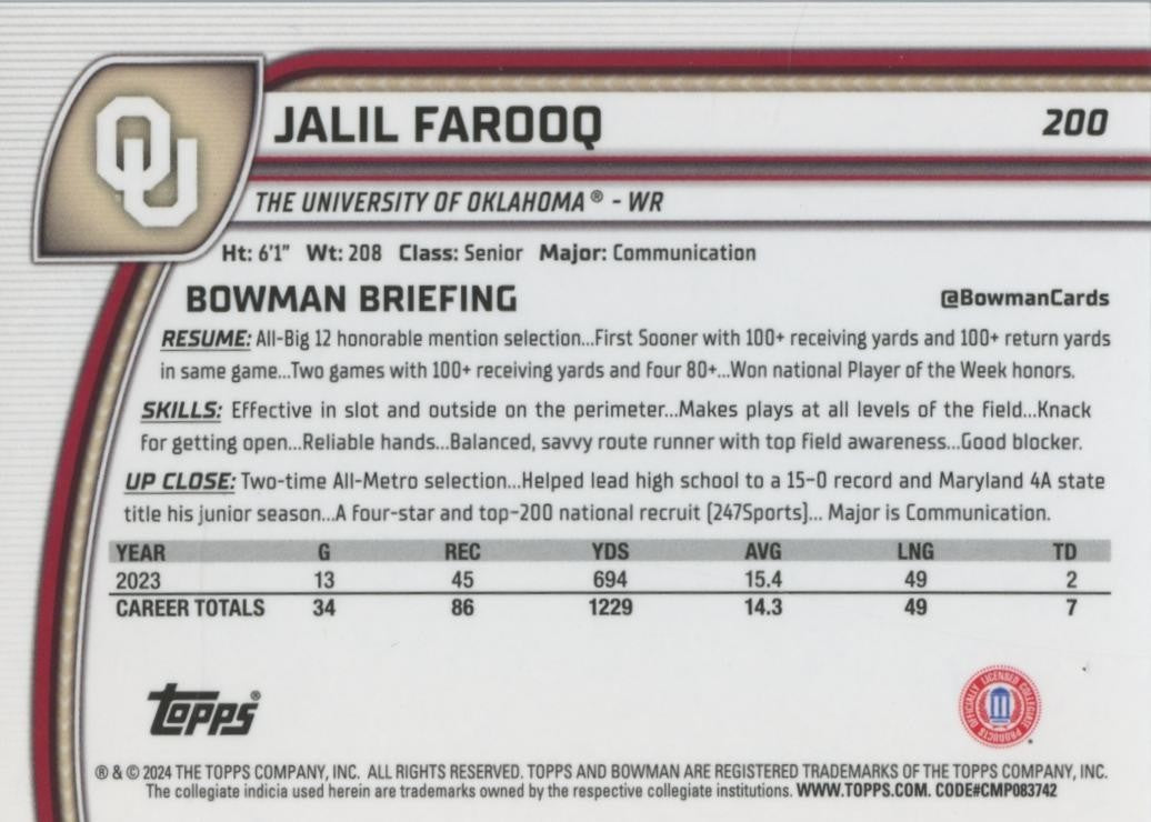 Jalil Farooq 2024 Bowman Chrome BLACK Refractor RC Oklahoma Sooners 5/10