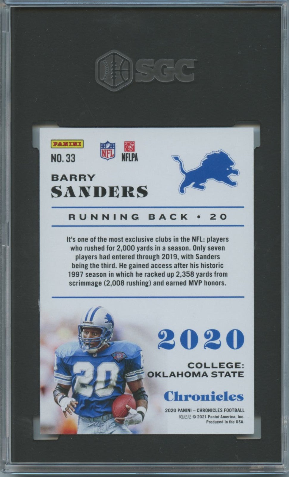 Barry Sanders 2020 Chronicles Blue Parallel Detroit Lions 50/99 SGC 10