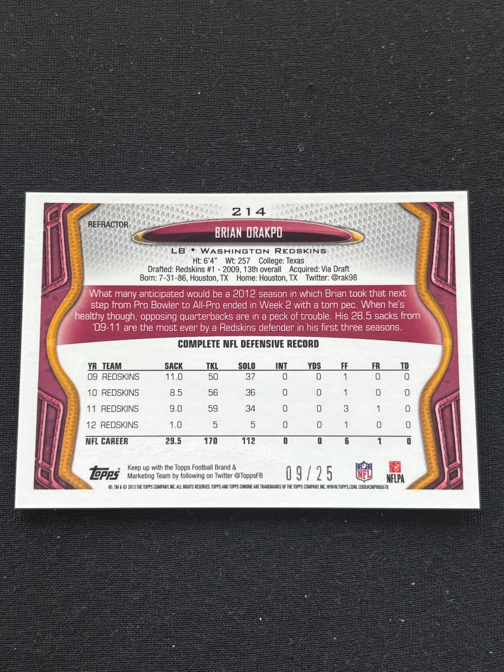 Brian Orakpo 2013 Topps Chrome RED Refractor Redskins Texas Longhorns 9/25