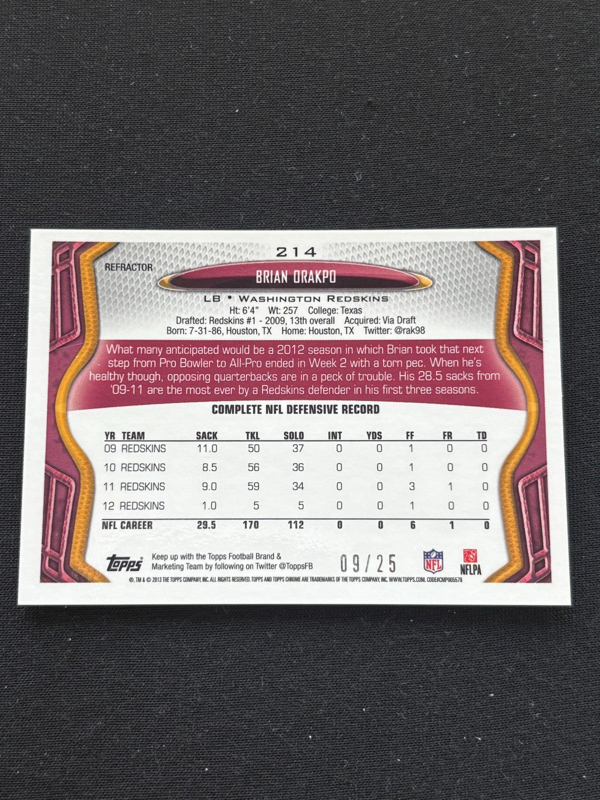 Brian Orakpo 2013 Topps Chrome RED Refractor Redskins Texas Longhorns 9/25