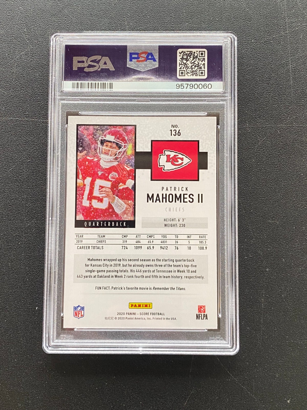 Patrick Mahomes II 2020 Score Red Zone SSP Kansas City Chiefs 5/20 #136 PSA 9