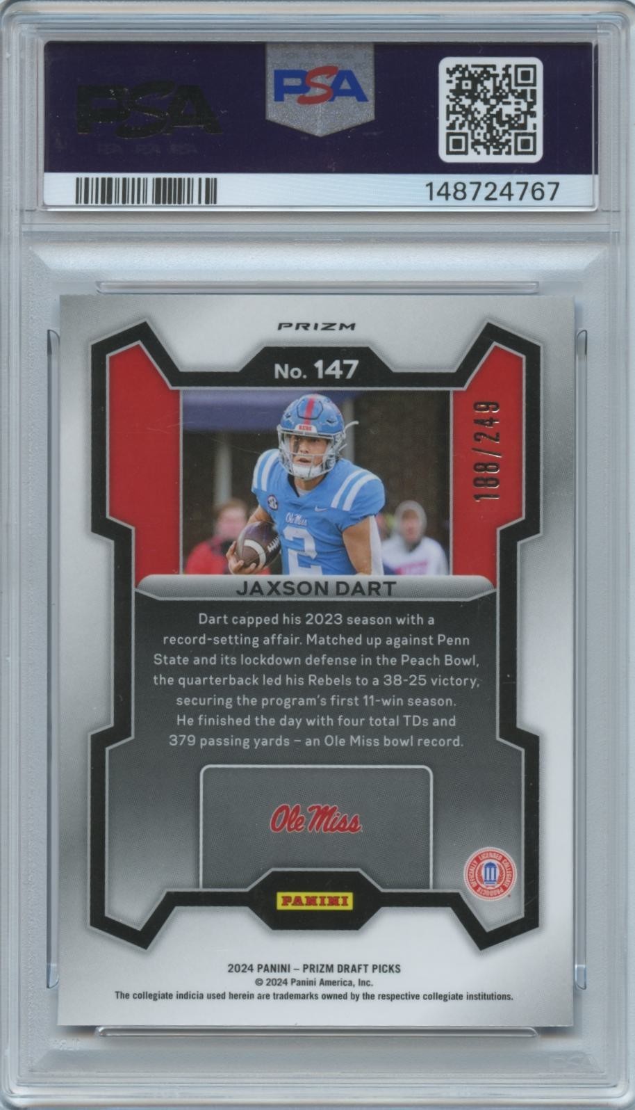 Jaxson Dart 2024 Prizm Draft Blue Wave Prizm Rookie RC Ole Miss 188/249 PSA 10