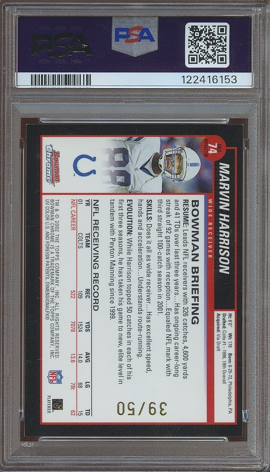 Marvin Harrison 2002 Bowman Chrome GOLD Refractor Indianapolis Colts 39/50 PSA 6