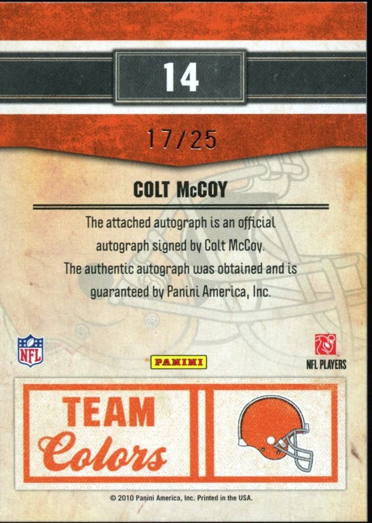Colt Mccoy 2010 Classics Colors Auto Autograph RC Texas Longhorns Browns 17/25