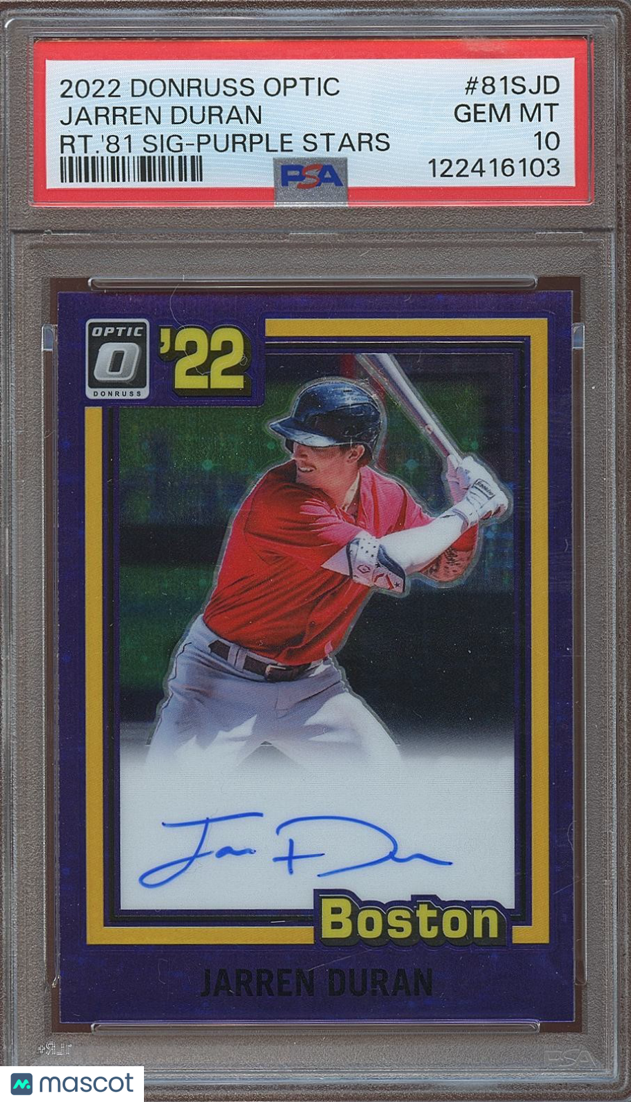 Jarren Duran 2022 Optic Purple Stars Auto Autograph RC Red Sox 6/25 PSA 10