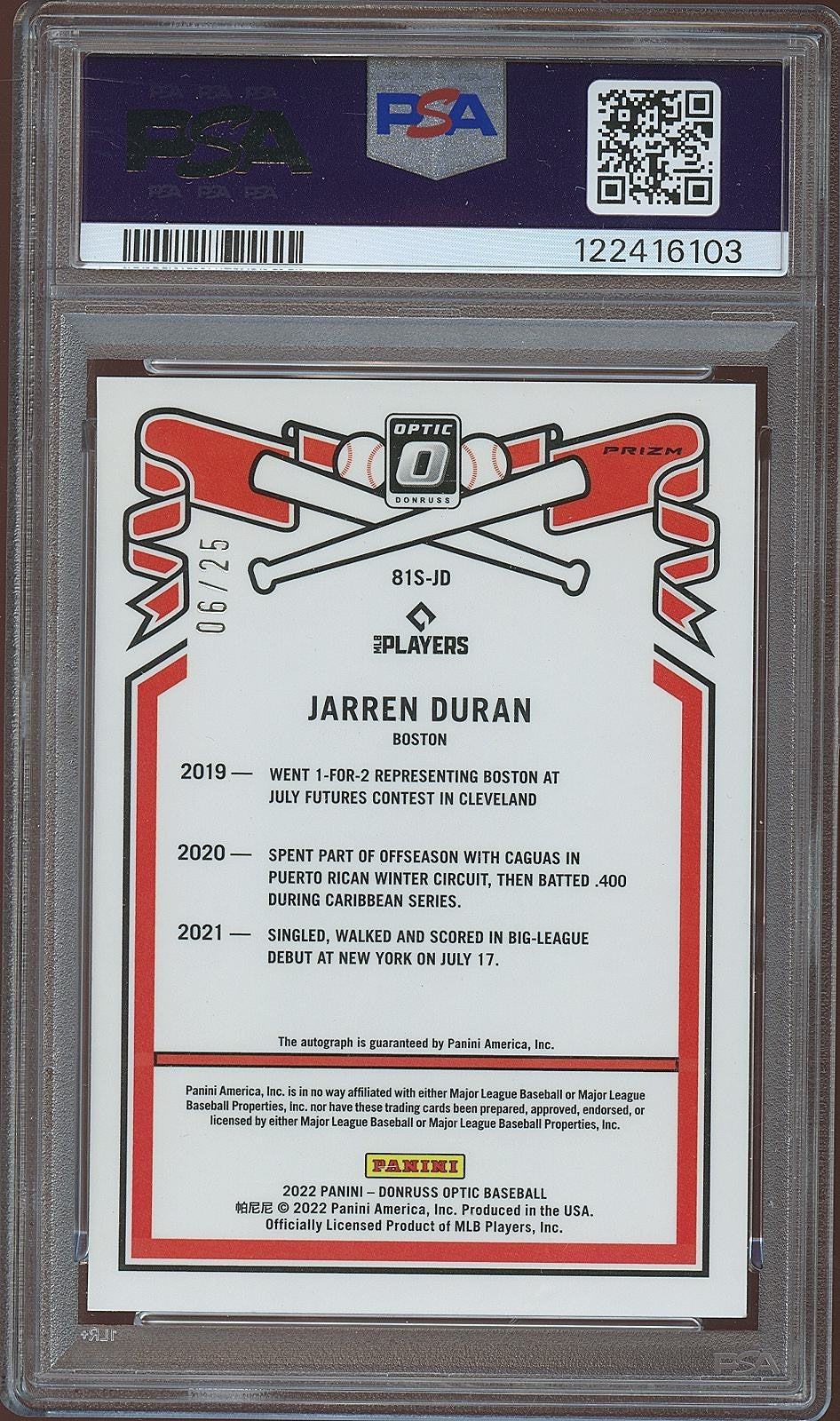 Jarren Duran 2022 Optic Purple Stars Auto Autograph RC Red Sox 6/25 PSA 10