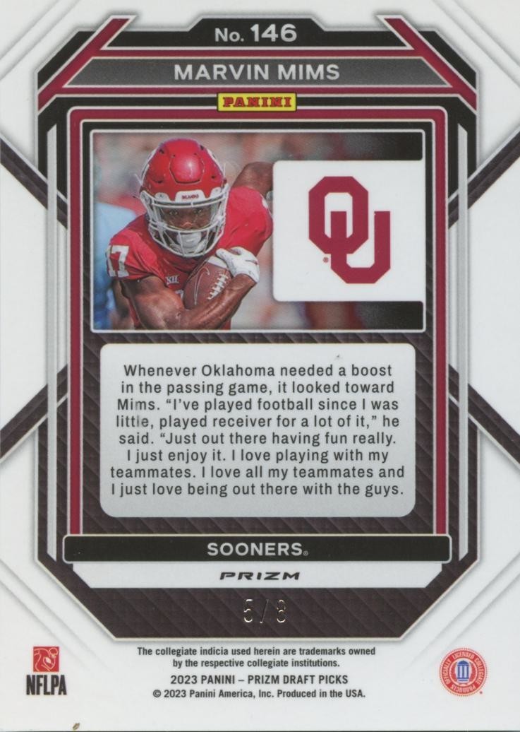 Marvin Mims 2023 Prizm Draft Green Shimmer SSP Rookie RC Oklahoma Sooners 5/8