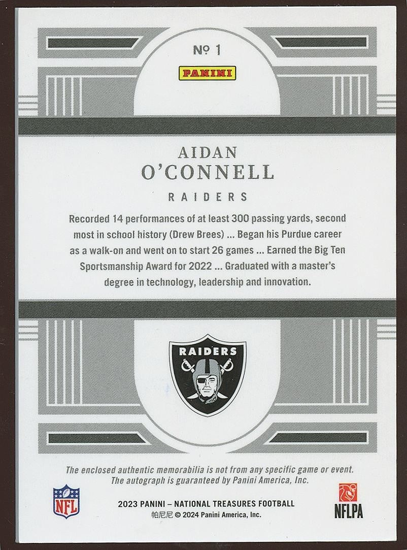 Aidan O'Connell 2023 National Treasures Auto Autograph Patch RC Raiders 17/25 #1