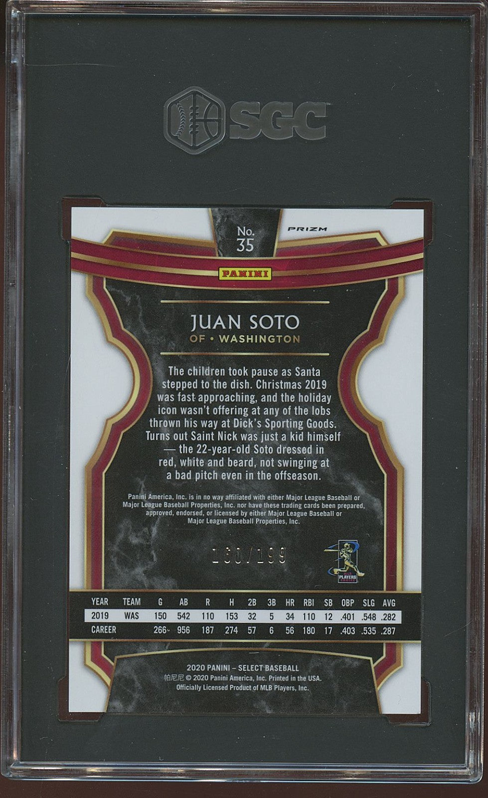Juan Soto 2020 Select Red Prizm Colormatch Washington Nationals 160/199 SGC 9.5