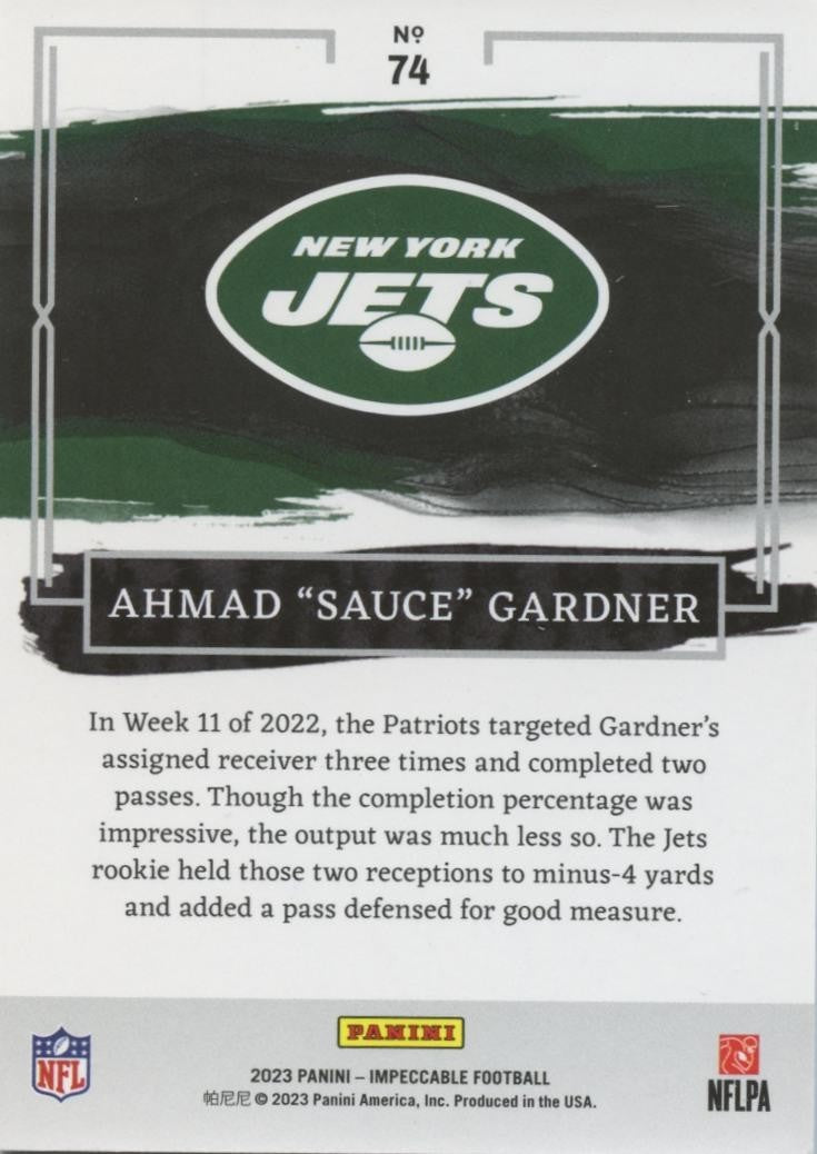 Ahmad Sauce Gardner 2023 Impeccable GOLD New York Jets 5/10 #74