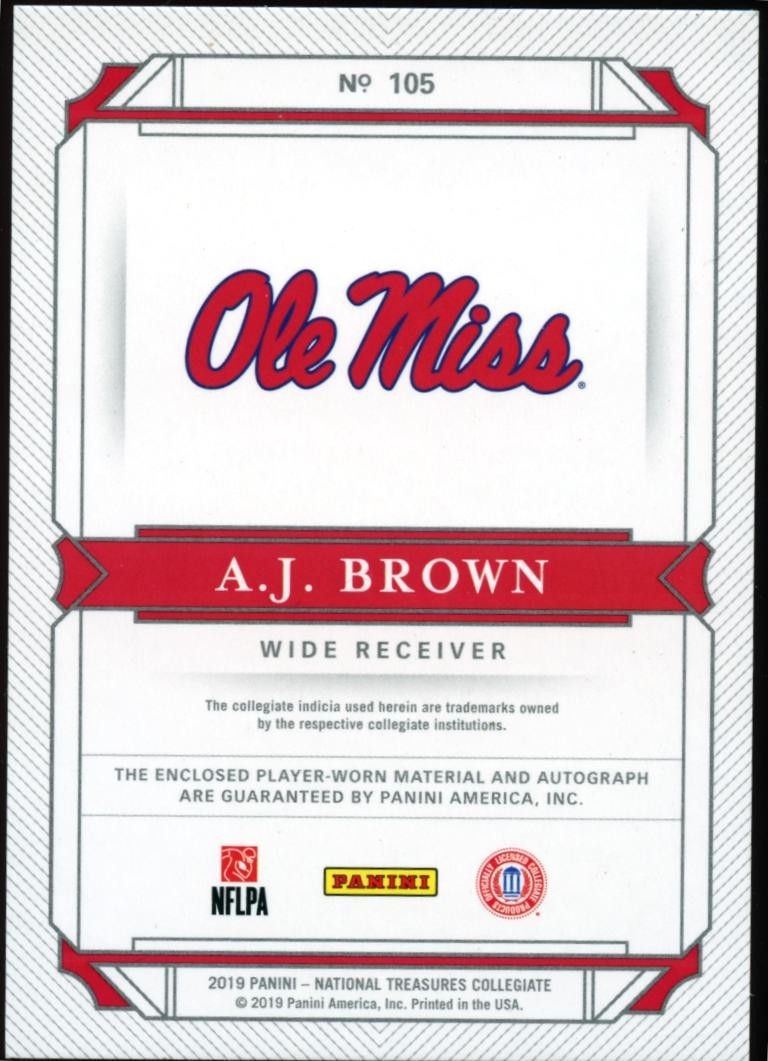 A.J. Brown 2019 National Treasures Auto Autograph Patch RC Ole Miss Eagles 47/49