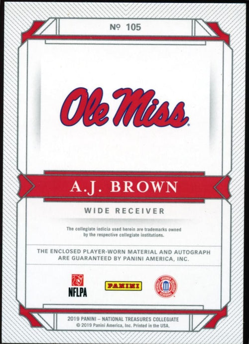 A.J. Brown 2019 National Treasures Auto Autograph Patch RC Ole Miss Eagles 47/49