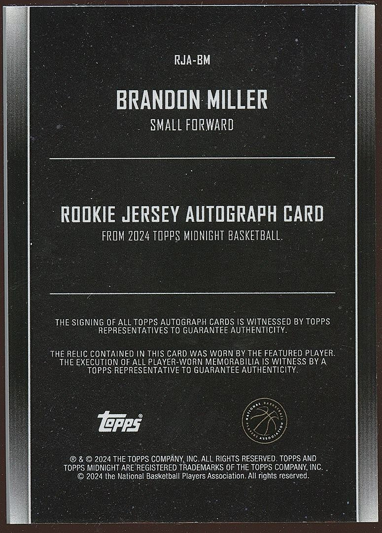 Brandon Miller 2024 Topps Midnight Auto Autograph RC Patch Hornets 25/75