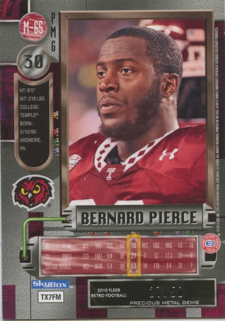 Bernard Pierce 2013 Fleer Metal BLUE Precious Metal Gems PMG Temple Ravens 27/50